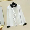 Jesień Koreański Biuro Biała Koszula Kobiety Z Długim Rękawem Top Ruffles Cardigan Szyfonowa Bluzka Blusas Mujer 11510 210512