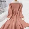 Neploe Single Breasted Knitted Dress Sweet Ruffles Midi Dresses for Women O-neck Lace Up Robe High Waist Slim Fit Vestidos 4F933 210422