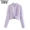 TRAF, moda para mujer, blusas recortadas con botones en la espalda atada, cuello de solapa Vintage, camisas de manga larga para mujer, Tops elegantes 210415