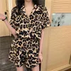 2021 New Pajamas Women Milk Silk Leopard Print Lapel Short Sleeve Summer Two-piece Nightwear homewear X0526