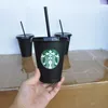 Starbucks 24oz/710ml Plastic Tumbler Reusable Black Drinking Flat Bottom Cup Pillar Shape Lid Straw Mug Tumblers guobini