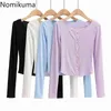 Nomikuma slim fit basic t-shirt effen kleur single breasted lange mouw tshirts vrouwen casual all-match sexy tops camisetas 210514
