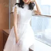 Summer Vintage Women Tulle Party Sleeveless White Lace Long Tunic Beach Dress 210415