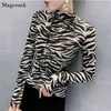 Kadın Balıkçı Yaka Üstleri Kadın Serin Streetwear Seksi Uzun Kollu Gömlek Zebra Şerit Casual S Bluz 11369 210512