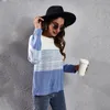 Avrupa Amerikan Yeni Kadın Örmek Tees Degrade Renk Mavi Çizgili Eşleştirme Uzun Kollu Örme Kazak Gevşek Sonbahar Kış Giyim