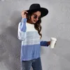 European American New Women's Knits Tees Gradient Färg Blå Striped Matchande Långärmad Stickad Tröja Lös Höst Vinterkläder