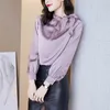 Koreanska Silk Kvinnor Skjorta Satin Blusar Långärmade T-shirts Toppar Kvinna Bow Tie Topp Plus Storlek 210604
