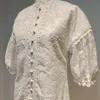 vgh 우아한 패치 워크 레이스 여성 드레스 o 터틀넥 퍼프 슬리브 높은 허리 흰 드레스 여성 패션 새로운 의류 가을 210421