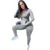 Jesienne kobiety z kapturem zamek kieszeń z długim rękawem Sporty Legginsy Dopasowanie Zestaw Trening Bodycon Casual Stretty Outfit 210525