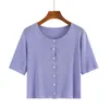 Summer Silk Short-Sleeved Button short T-shirt tops Female Purple Short Slim Wild Korean Top Base T Shirt women 210420