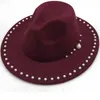 Femmes hommes laine Fedora chapeau avec ruban de perles Gentleman élégant dame hiver automne large bord église Panama Sombrero Jazz casquette