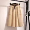 Midi Knee Length Summer Skirt Women With Belt Spring Casual Cotton Solid High Waist Sun School Female 210421