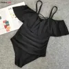 Parakini Plus Size Badpak Sexy Off Shoulder Solid Swimwear Dames Vrouwelijke Badpak Ruffle Monoki 210712