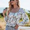 Summer Women Chiffon Blouses Vintage Print Square Collar Long Sleeve Shirts Slim Beach Style Crop Blusas 210514