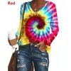 Women T-shirts Casual V Neck Tie Dye Print Long Sleeve Loose T-shirt Autumn Gradient Contrast Color TShirts Tops Femme Plus Size 210507