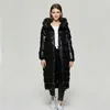 Winter Hooded Patent Lederen Lange Jas Vrouwen Losse Dikke Warme Sneeuw Parkers Witte Eenden Down Jas Waterdicht Uitkleding 210430