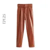 Vintage belt black PU pants women Joggers casual high waist Streetwear female Faux Leather Trousers 210521