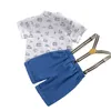 Conjuntos de ropa de verano para niños pequeños, conjunto de camisa y pantalones cortos, estampado de coche para niños pequeños, manga corta, cuello levantado, pajarita, Top + Pantalones con tirantes