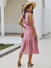 Abito lungo da donna a pois rosa bianco increspato abiti longuette elegante allacciatura con papillon abito estivo casual abbigliamento donna 210521