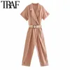 Women Chic Fashion With Belt Linen Jumpsuit Vintage Short Sleeve Side Pockets Female Playsuits Mujer 210507