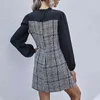 Chic Vintage Stickad Plaid Winter Klänning Elegant Bowknot Långärmad Patchwork Office Ladies Korta A-Line Dresses Vestidos W251 210526