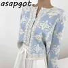 Asapgot Lose Blau O Neck Einreiher Strickjacke Pullover Mantel Stickerei Floral Süße Chic Mode Retro Lazy Sanfte Wild 210806