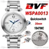 BVF 35 mm Pasha WSPA0013 1847MC Automatik-Damenuhr, silbernes Zifferblatt, große Ziffernmarkierungen, blaue Zeiger, Edelstahlarmband, Super Edition Damenuhren Puretime A1