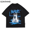 T-shirts Funny Graffiti Fire Flame Mona Lisa T-shirts surdimensionnés Streetwear Hip Hop Harajuku Casual Tee-shirt à manches courtes 210602