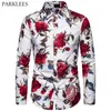 Camicia da uomo a maniche lunghe in lino con motivo a rose Camicie da sposa Sfilata di moda Danza Groomsman Camisa Masculina Chemise Homme 210524