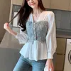 Talla grande Sólido Blanco Camisa de manga larga Moda Oficina Tops Estilo coreano Empalmado Gasa Mujer Blusa con cuello en v Camisa femenina 689G 210420