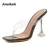 Summer FLIP FLOPS Women Shoes Slippers Slides PU Shallow Spike Heels Outside Square Toe Black Size 35-40 Fashion 210507