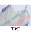 TRAF mujeres Chic moda Tie-dye Soft Touch Midi vestido Vintage cuello en V ajustable correas finas Vestidos femeninos Vestidos 210415