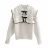 Элегантные женские лук стенд воротник свитеров мода женские оборками вязаные вершины сладкие женские шикарные пуловеры 210430