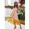 Foridol estampado floral bohemio vestido largo mujer correa de espagueti Irregular Maxi amarillo playa vestido cuello pico algodón verano vestido 210415