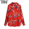 TRAF kvinnor mode tryckta lösa röda blusar vintage långärmad knapp-up kvinnliga skjortor blusas chic toppar 210415