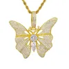 Mode Hip Hop Collier Plaqué Or Plein CZ Diamant Papillon Pendentif avec 3mm 24 " Corde Chaîne Collier pour Hommes Femmes