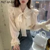 MATAKAWA Lace Mesh Ladies Shirt Bowknot Design Fashion Blouse Women Spring Long-sleeved Blusas Top 210513
