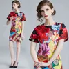 Fashion Designer Runway Summer Women's Short Sleeve 3D Floral Beading Beauty Print Applique Elegant Party Mini Dress 210416