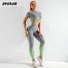 SVOKOR femmes sans couture Yoga ensemble rayure imprimé à manches courtes Leggings Fitness Gym vêtements Sportswear Sport costumes pantalons d'entraînement 210813