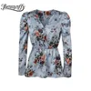 Surplice Neck Blommigryck Peplum Blus Kvinnor Vårpuff Långärmad Kvinna Boho Casual Toppar och Blusar 210510