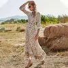 summer A-Line dress for women V-neck flared sleeves dress high-waist casual slits ladies bohemian long dress vestidos 210514