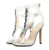 Woman Sandals PVC Crystal Shoes Bling Blue Rhinestone Decor High Heels Female Single Summer Ankle Buckle Sandal Boot