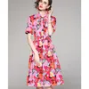 Moda verano boho vestido mujeres dulce arco cuello estampado floral manga corta damas una línea gasa midi vestido 210518