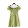 Frauen Kleid Quadrat Kragen Puff Ärmel Rüschen Grüne Kleider Vintage Sexy Baumwolle Sommer Kleidung Mode 210524