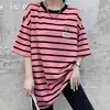 female t shir shor sleeve summer Sripe prining loose mid-lengh ide suden clohes Harajuku woman shir 210507