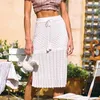 knitted crochet hollow out long skirt women high waist tassel bodycon side slit maxi autumn winter 210427