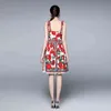 Runway Sommer Frauen Sexy Spaghetti Strap Rot Floral Gedruckt Casual Hohe Taille Schlank Party Kleid Vestidos 210519