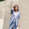 Осень Office Lady Suits Blue Элегантный Двуспартный Куртка Пальто + Кнопка Открытая Вилка Юбка Blazer 2 Piece Набор 210416