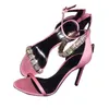 Летние женщины сандалии розовый кожаный блок хрустальный ремешок с лодыжкой гладиатор на высоких каблуках обувь большого размера