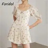 Föridol vit chiffong sommar kort klänning kvinnor blommig tryck boho strand pläd kvinnlig vintage 210415